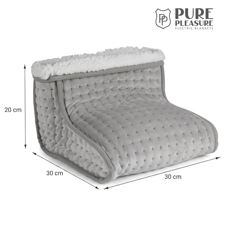 Pure Pleasure Electric Foot Warmer, gray quilted with soft white sherpa lining, shown with visible dimensions.