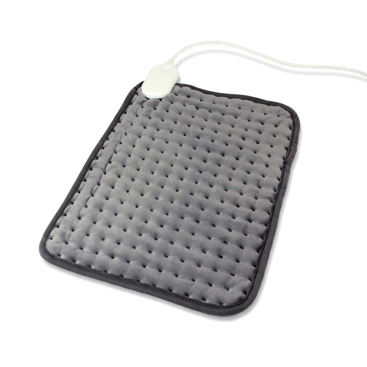 Gray Pure Pleasure electric heating pad, 30x40cm, with a soft quilted texture and attached controller, shown from a slightly