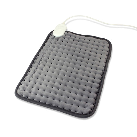 Gray Pure Pleasure electric heating pad, 30x40cm, with a soft quilted texture and attached controller, shown from a slightly