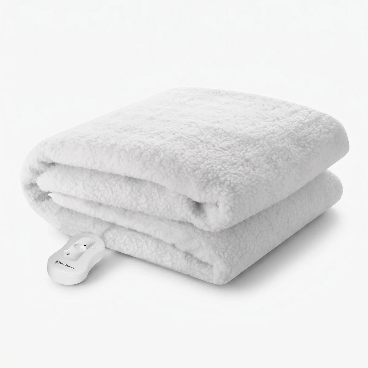 White folded Pure Pleasure Extra Length Double Full Fit Sherpa Fleece Electric Blanket with controller.