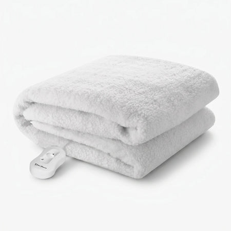 White folded Pure Pleasure Extra Length Double Full Fit Sherpa Fleece Electric Blanket with controller.