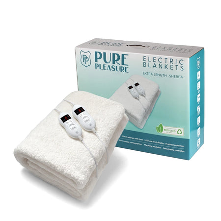 Pure Pleasure King Extra Length Fitted Electric Blanket with its white sherpa fabric, dual controllers, and product