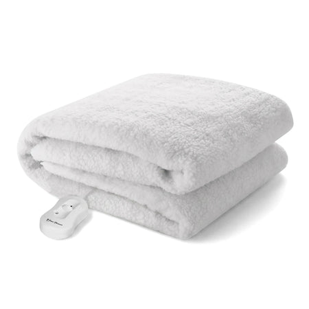 Folded Pure Pleasure King Full Fit Sherpa Fleece Electric Blanket in white with a visible control unit.
