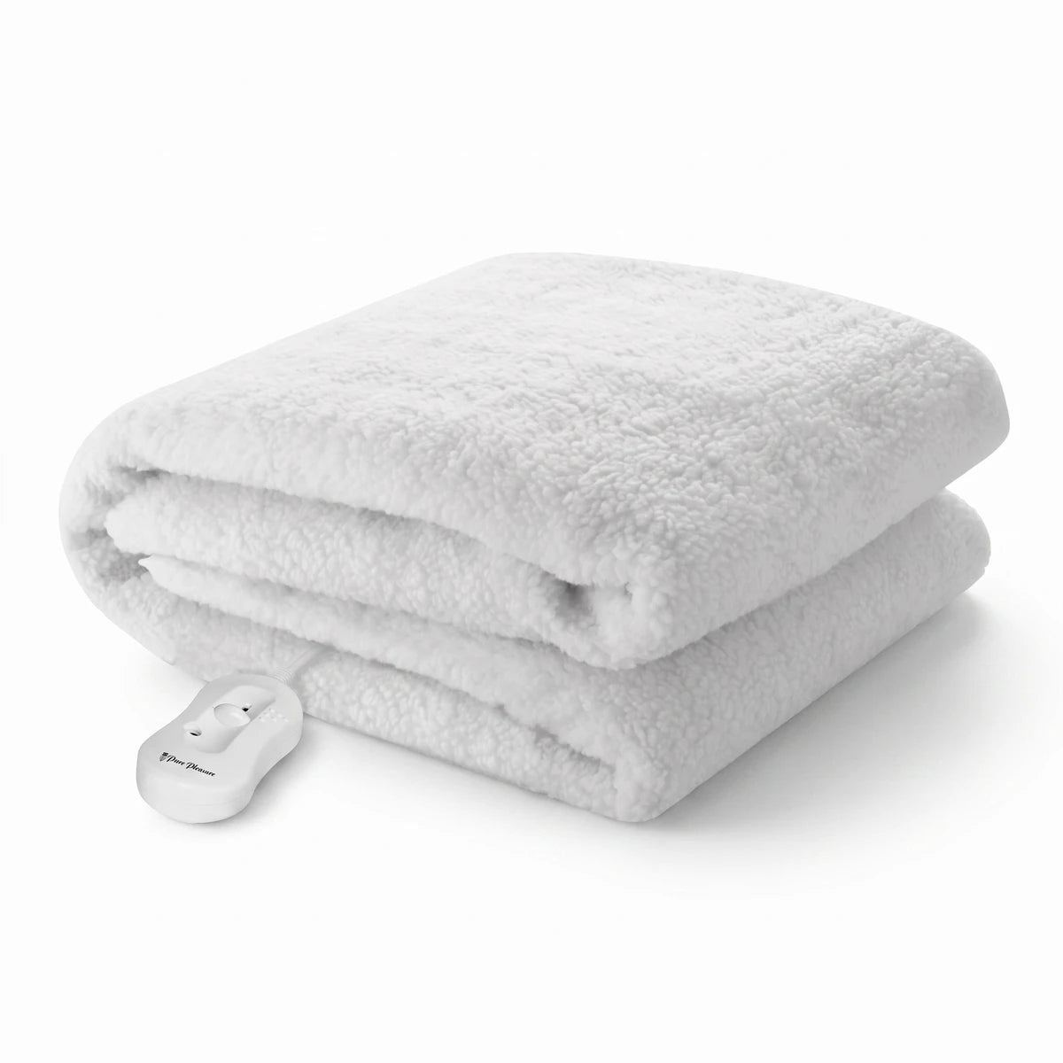White Pure Pleasure King non-fitted tie-down electric blanket, softly folded, with its connected white remote control.