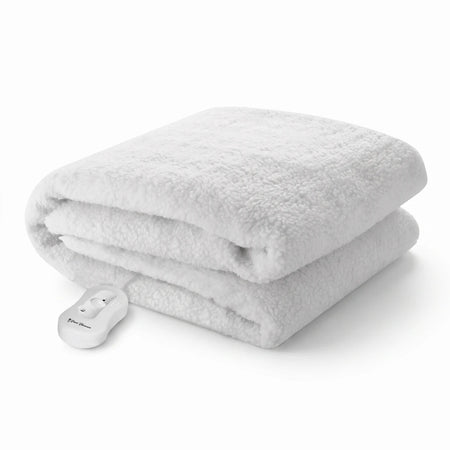 White Pure Pleasure King non-fitted tie-down electric blanket, softly folded, with its connected white remote control.