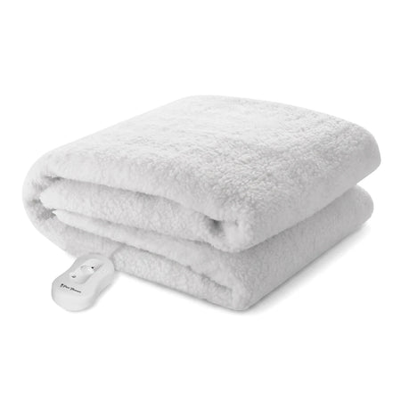 Folded white Pure Pleasure Queen Full Fit Sherpa Fleece Electric Blanket with its connected controller, shown from an