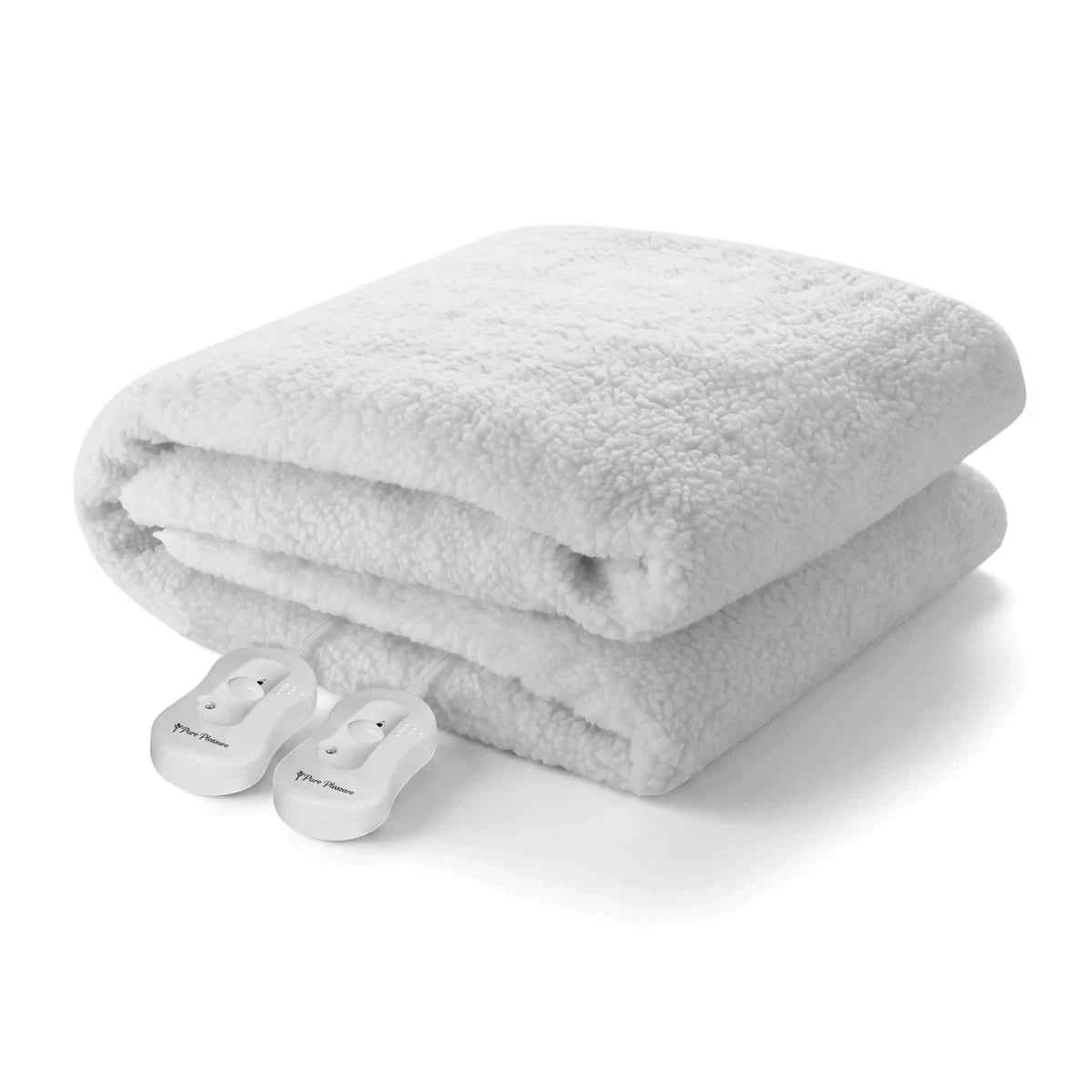 White Pure Pleasure Extra Length Queen electric blanket in soft sherpa fleece fabric, folded, with two white controllers.