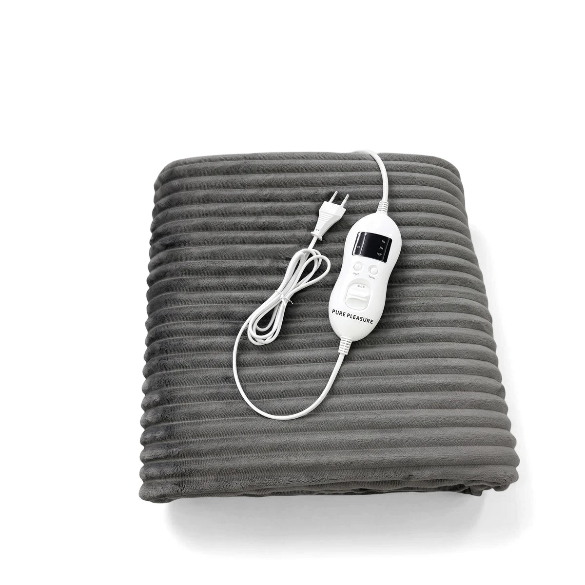 Folded gray Pure Pleasure Stripe Flannel Fleece Electric Blanket with controller and power cord, seen from an angled view.
