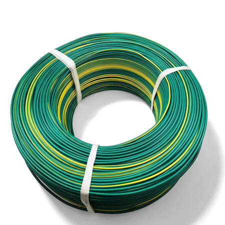 Green and yellow PVC electrical cable coiled and tied, displayed on a white background for product photography.
