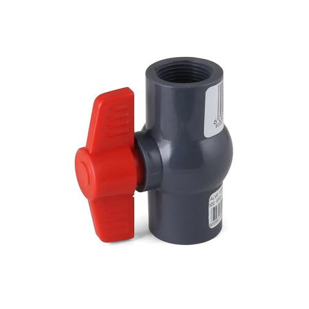 3/4 inch dark gray PVC lever ball valve with a red handle for fluid control applications.