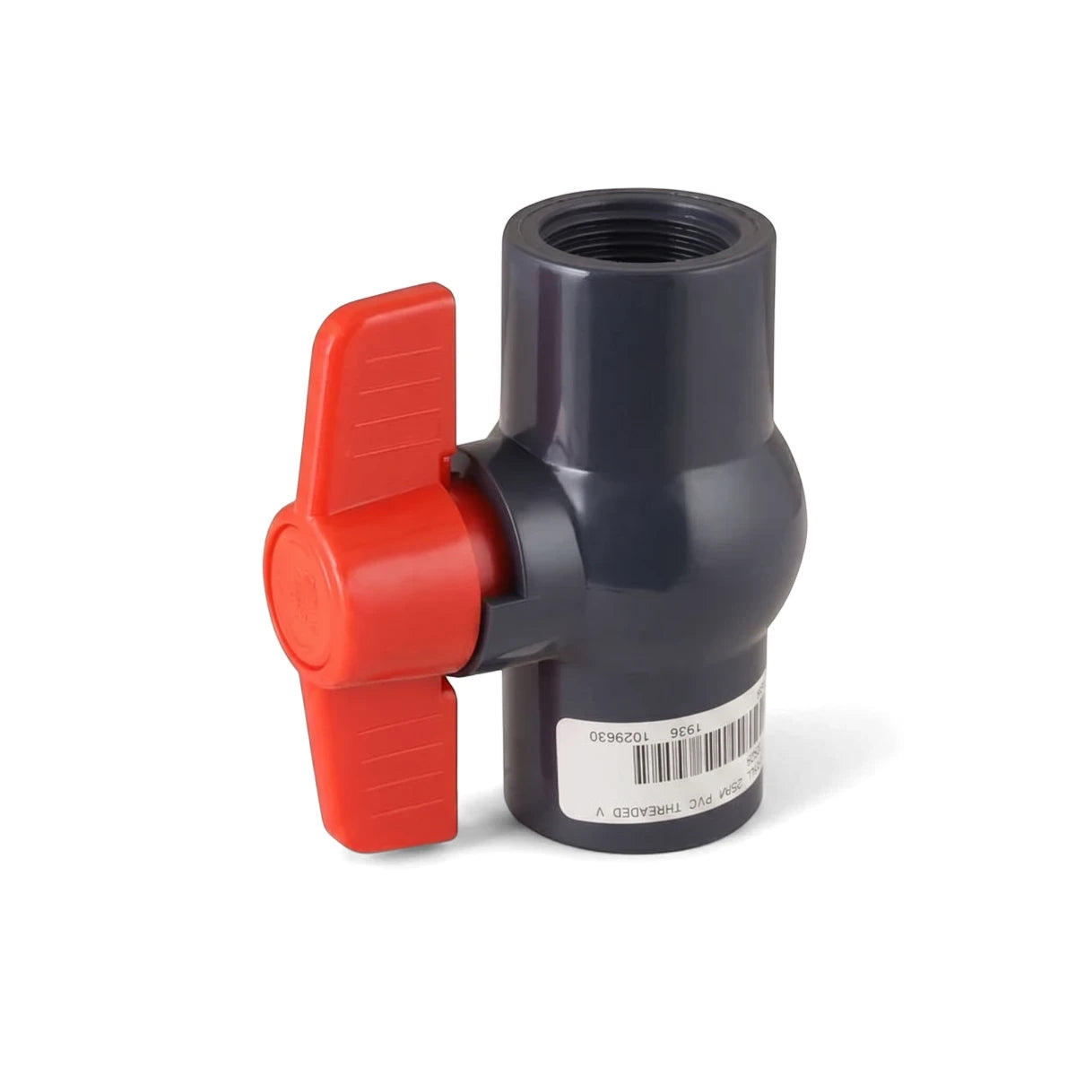 Dark grey 1 inch PVC lever ball valve with a bright red handle and female threaded connections, viewed at an angle.