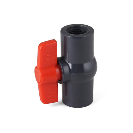 1/2 inch PVC lever ball valve in dark grey with a red handle for female to female connections.