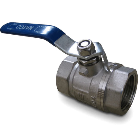 A 2 inch PVC female by female lever ball valve, made of silver metal with a prominent blue handle, shown from an angled