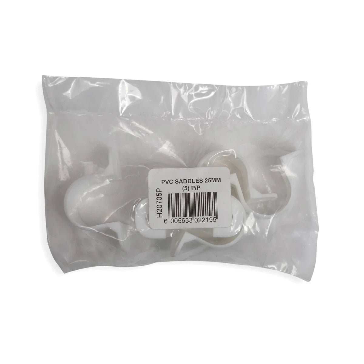 White 25mm PVC saddle clips, a pack of five, visible inside a clear plastic bag on a white background.
