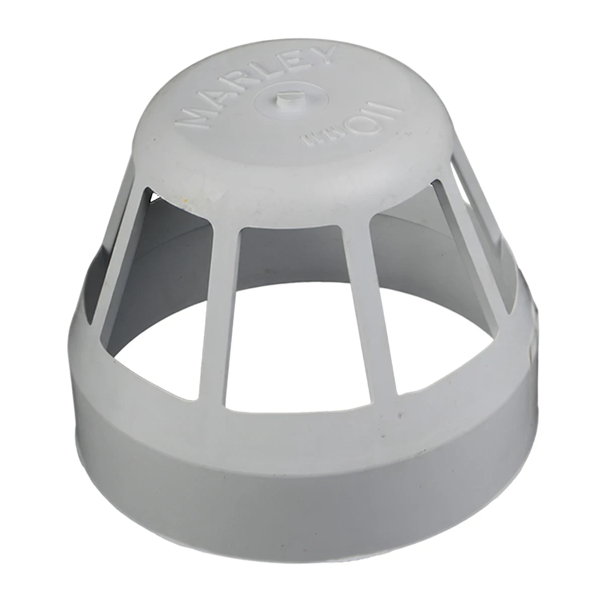 A grey PVC soil/vent air vent cowl, featuring a slatted design and 'MARLEY 110MM' molded on top, for plumbing applications.