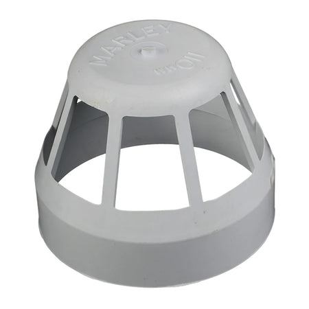 A grey PVC soil/vent air vent cowl, featuring a slatted design and 'MARLEY 110MM' molded on top, for plumbing applications.