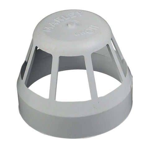 A grey PVC soil/vent air vent cowl, featuring a slatted design and 'MARLEY 110MM' molded on top, for plumbing applications.