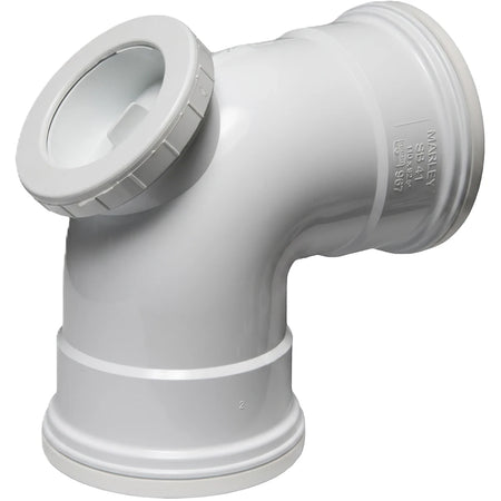 White 87.5-degree PVC soil and vent bend with an access heel for plumbing systems.