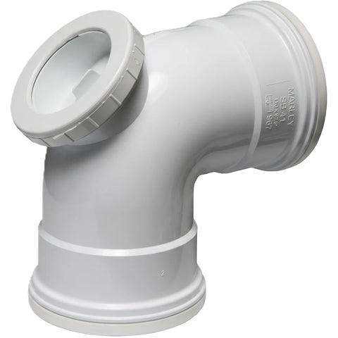 White 87.5-degree PVC soil and vent bend with an access heel for plumbing systems.