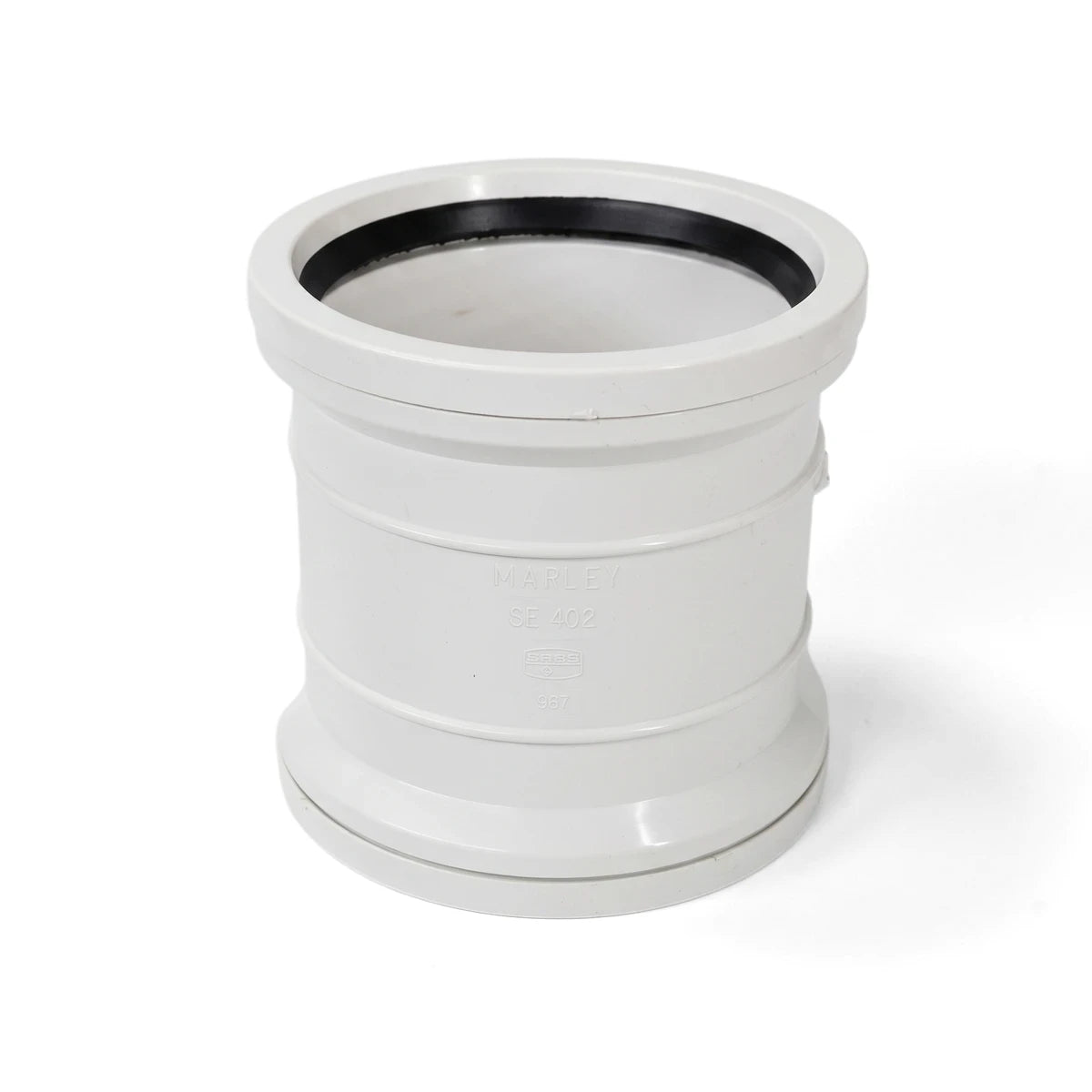 A white PVC Soil/Vent Kimberley Socket, a durable cylindrical pipe fitting with a visible black rubber seal, stands