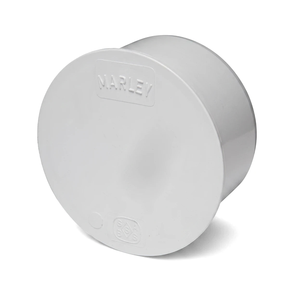 PVC soil and vent male stopend, white round PVC plastic pipe end cap with raised face, front angled view