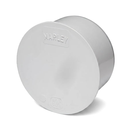 PVC soil and vent male stopend, white round PVC plastic pipe end cap with raised face, front angled view