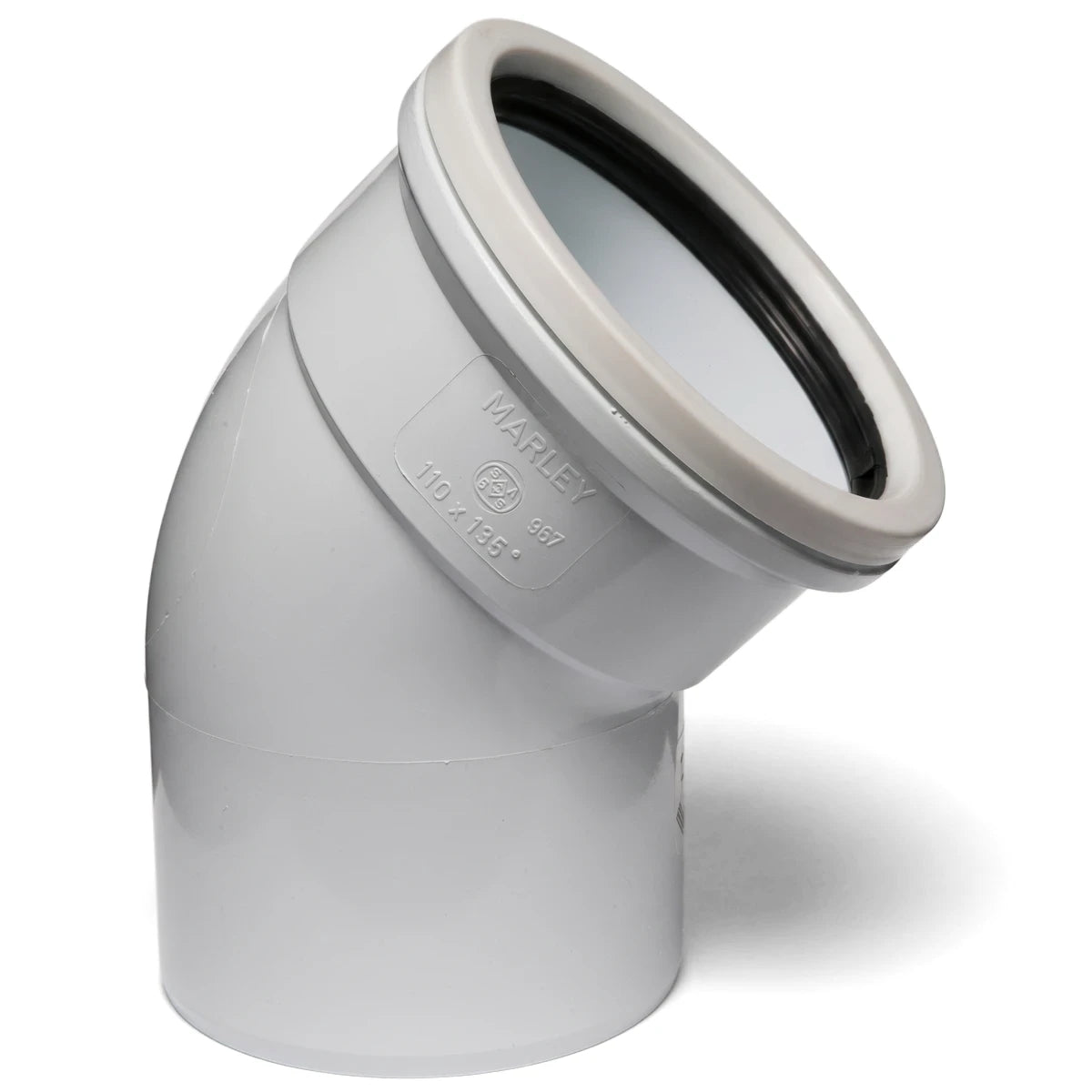 Grey PVC soil and vent plain bend pipe fitting with a 135-degree angle, featuring a black rubber seal.