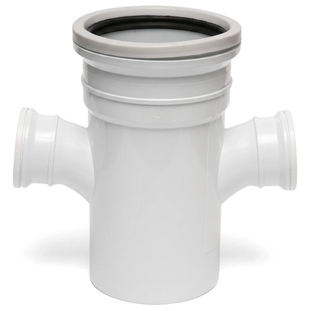 White PVC soil/vent reducing double plain junction with two 95-degree side outlets for plumbing systems.