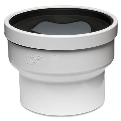 White PVC soil/vent straight toilet pan collar, 110mm, for plumbing installations, shown from an angled view.