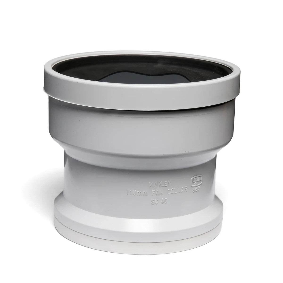 Pvc Soil/Vent Straight Toilet Pan Connector Rubber Socket in light gray with black seal, standing upright, showing brand