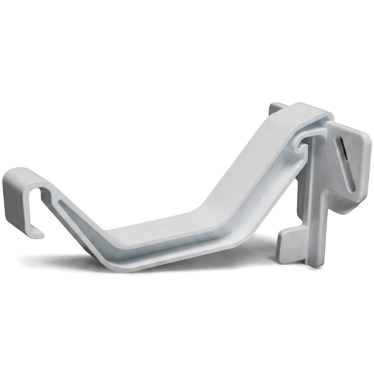White PVC streamline fascia bracket, designed for secure gutter installation. View of the sturdy, curved plastic component.