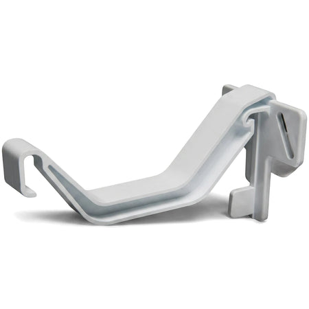 White PVC streamline fascia bracket, designed for secure gutter installation. View of the sturdy, curved plastic component.