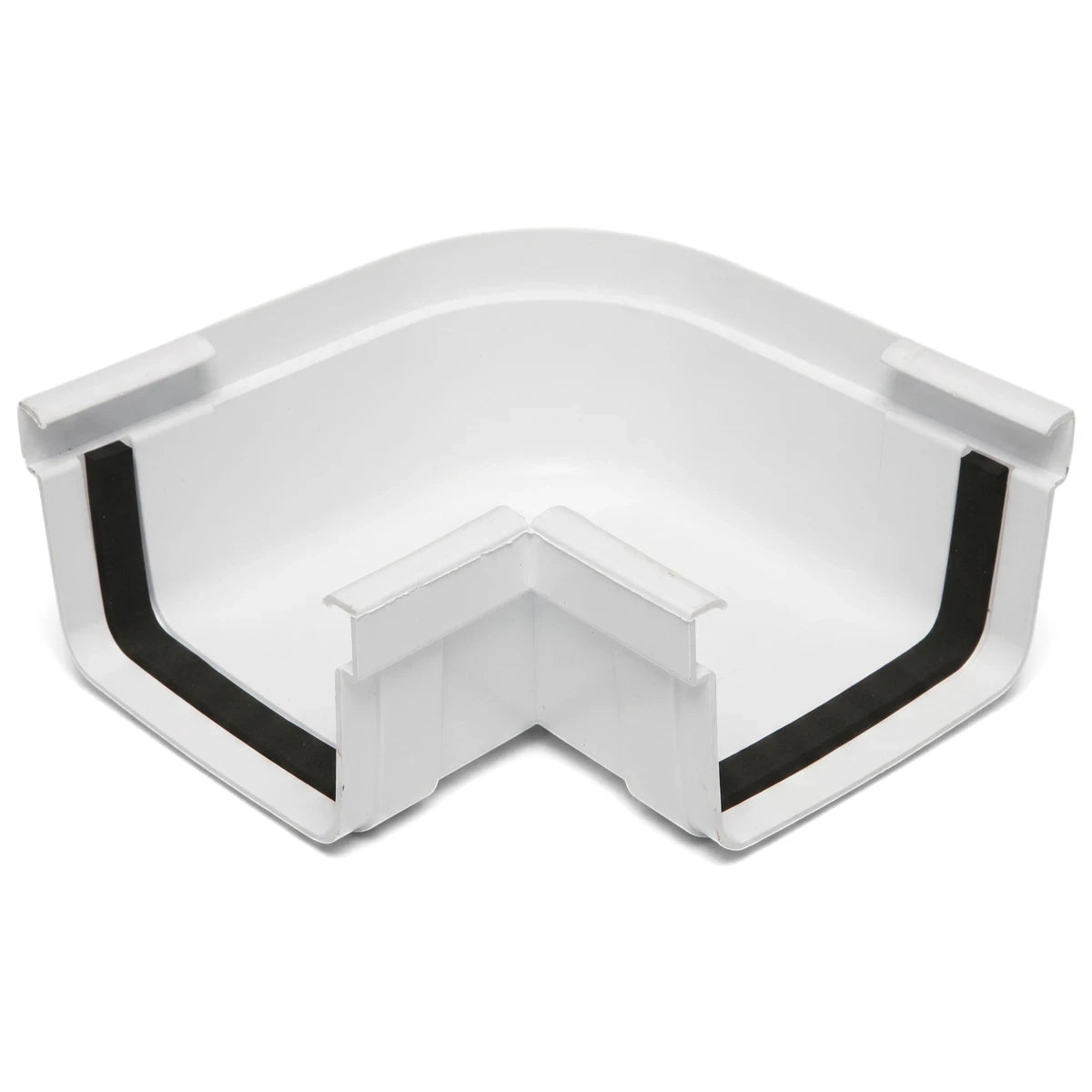 White Pvc Streamline Gutter Angle, L-shaped corner piece for connecting gutter sections, shown from an elevated perspective.
