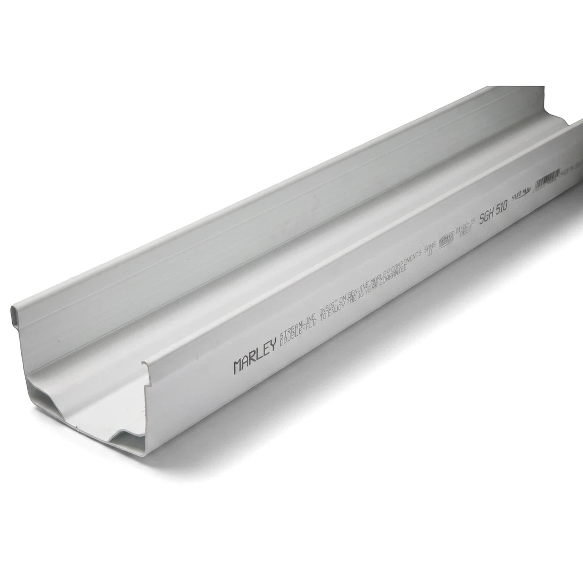 Pvc Streamline Gutter Profile - 6M in white PVC, long rectangular rainwater gutter channel shown in angled side view.
