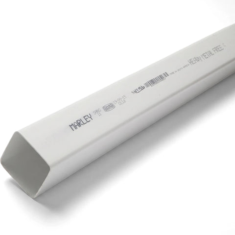 A white square PVC Streamline Plain Ended Downpipe, 3M in length, with branding details visible, viewed at an angle.