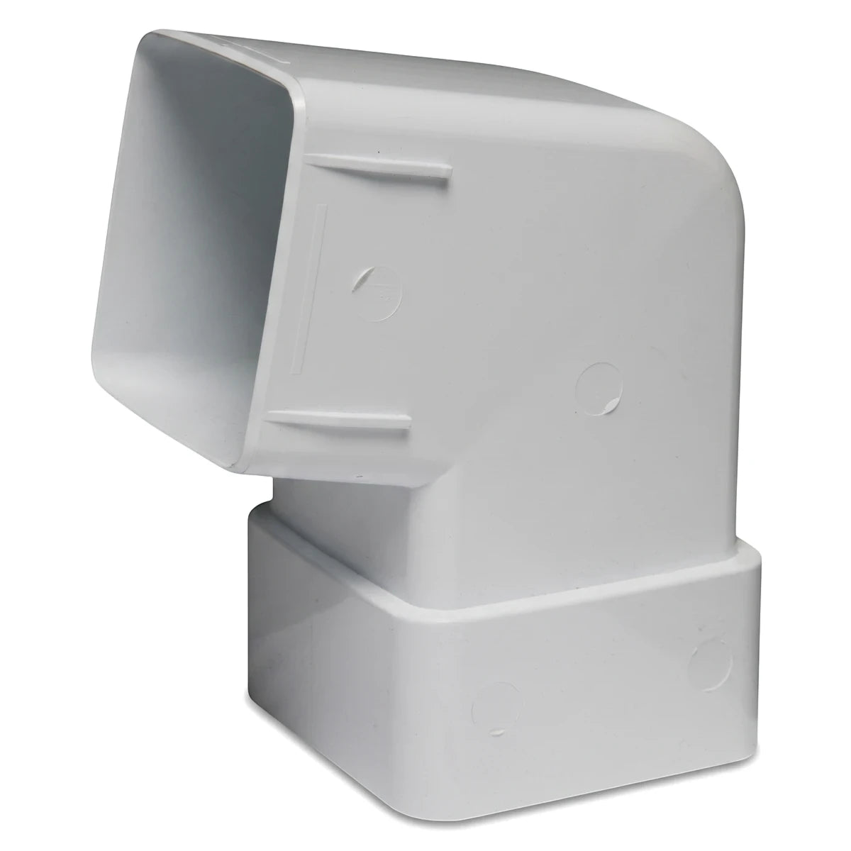 White PVC streamline square downpipe bend/shoe, angled view, for residential and commercial drainage systems.