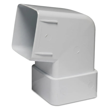 White PVC streamline square downpipe bend/shoe, angled view, for residential and commercial drainage systems.