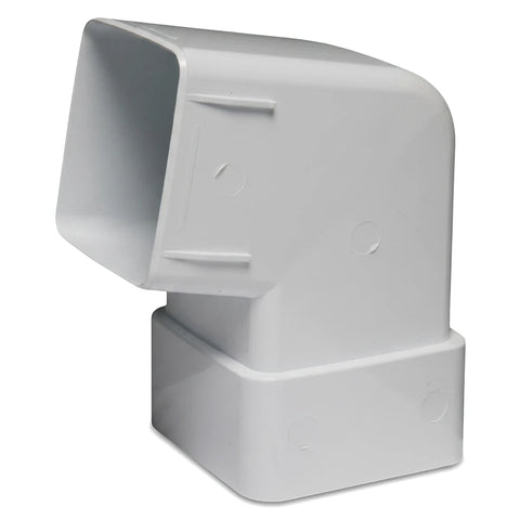 White PVC streamline square downpipe bend/shoe, angled view, for residential and commercial drainage systems.