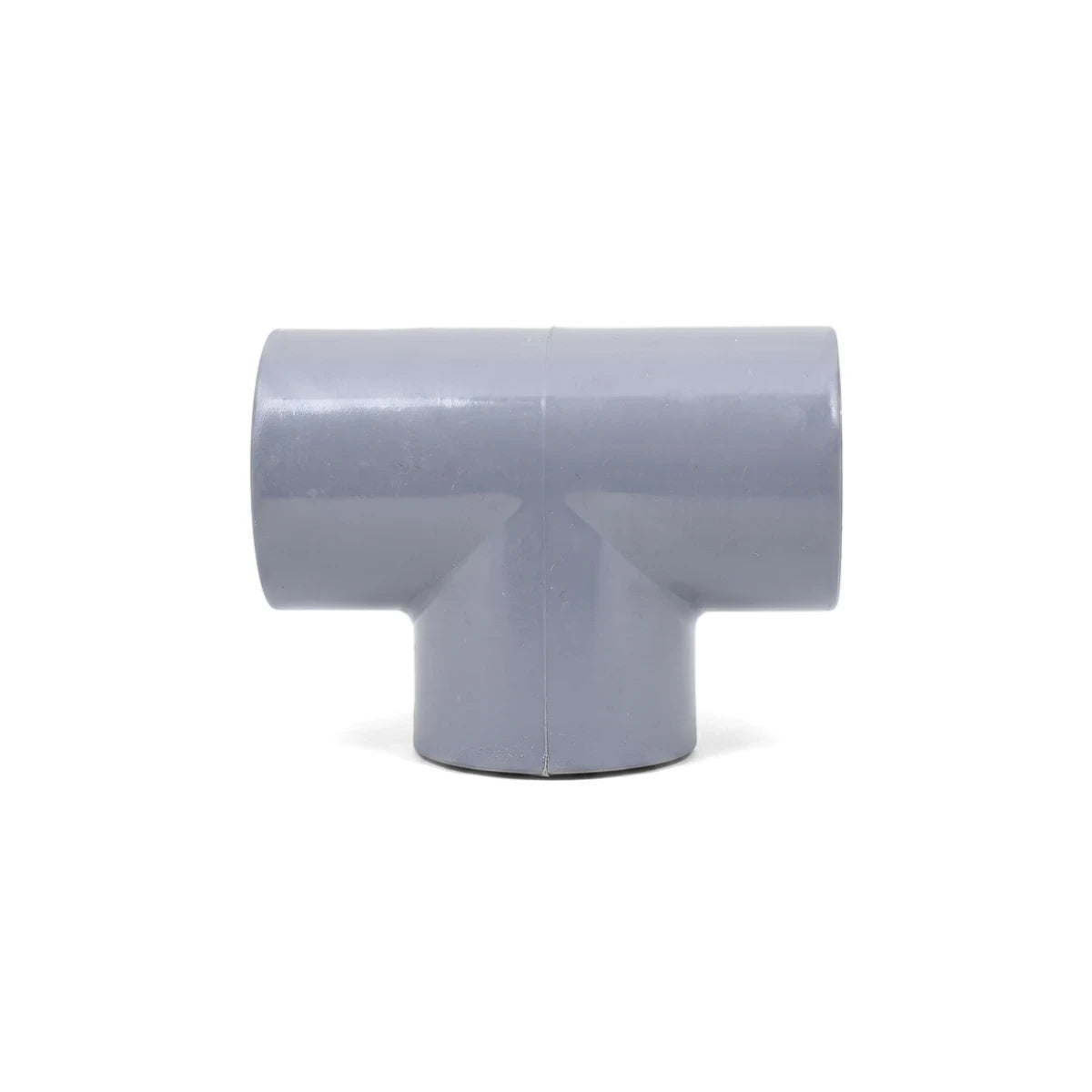 PVC T-Piece Fitting 32mm in grey rigid plastic, tee connector with three socket ends, front view