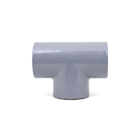 PVC T-Piece Fitting 32mm in grey rigid plastic, tee connector with three socket ends, front view