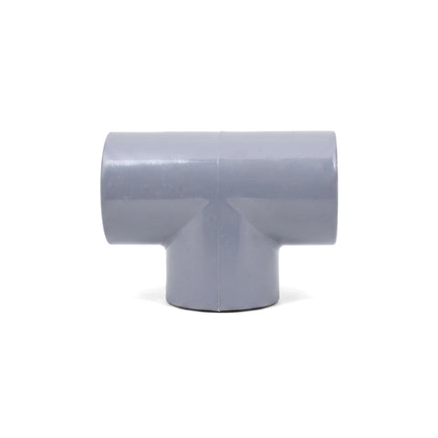 PVC T-Piece Fitting 32mm in grey rigid plastic, tee connector with three socket ends, front view