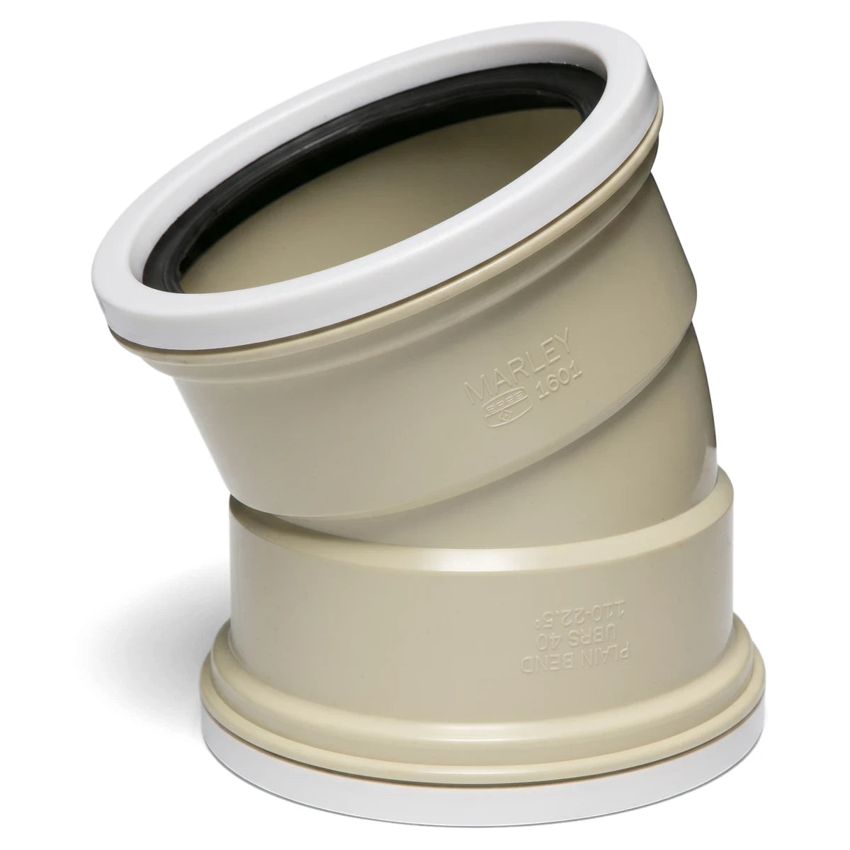 Pvc Underground 22.5-Degree Ribbed Bend, beige with white rims, shown angled from the side.