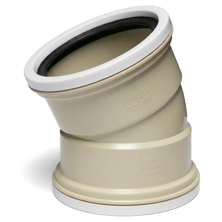 Pvc Underground 22.5-Degree Ribbed Bend, beige with white rims, shown angled from the side.