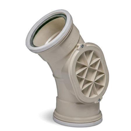 Beige 45-degree PVC underground bend with access panel, a plumbing component for drainage systems.