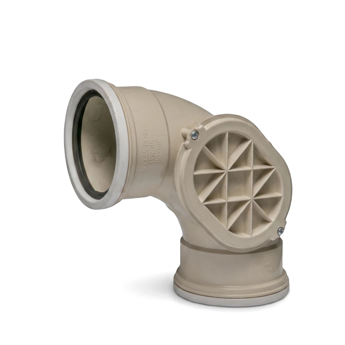 Beige PVC 90-degree underground bend with access panel and visible text, angled view on a white background.