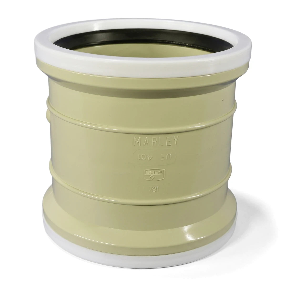 Beige PVC underground double socket pipe fitting with white collars and a black rubber seal, shown from an angled view.
