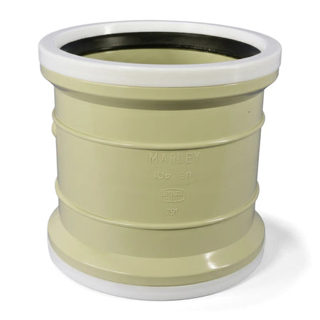 Beige PVC underground double socket pipe fitting with white collars and a black rubber seal, shown from an angled view.