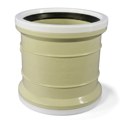 Beige PVC underground double socket pipe fitting with white collars and a black rubber seal, shown from an angled view.