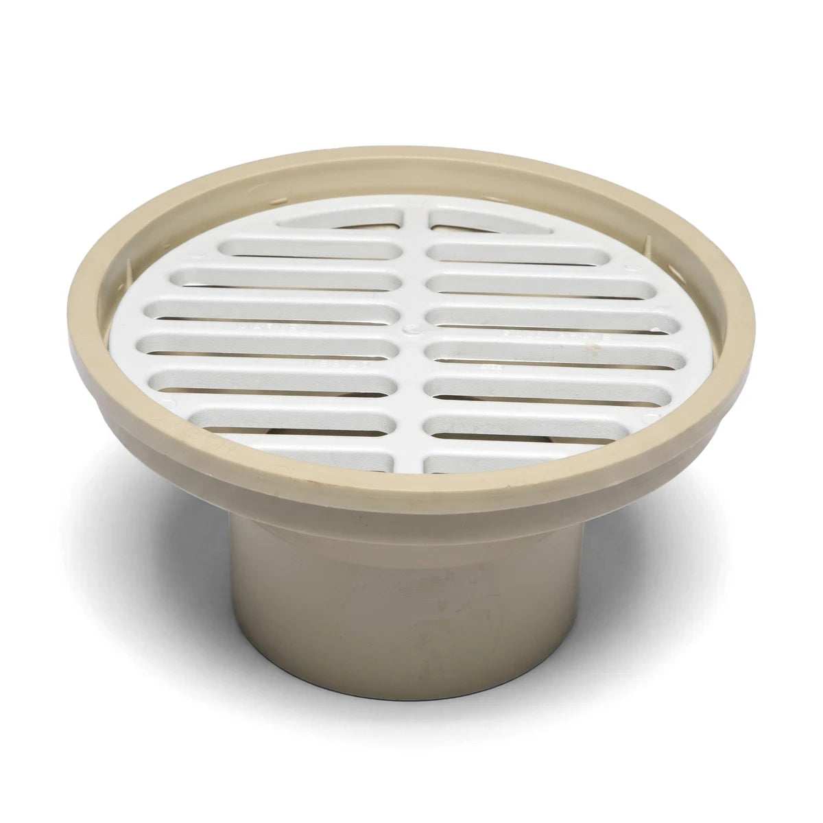 Beige and white PVC underground gully head with a slotted grate, designed for drainage systems. The plumbing fitting is