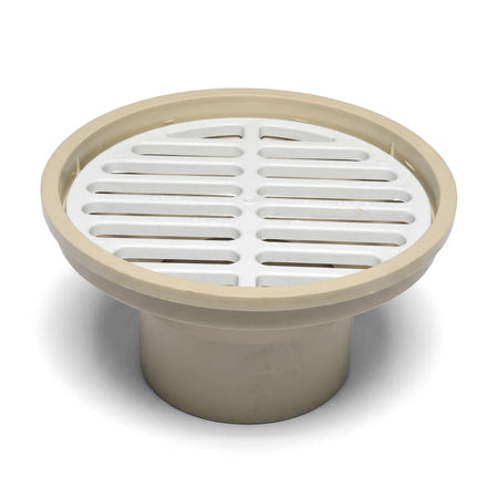 Beige and white PVC underground gully head with a slotted grate, designed for drainage systems. The plumbing fitting is